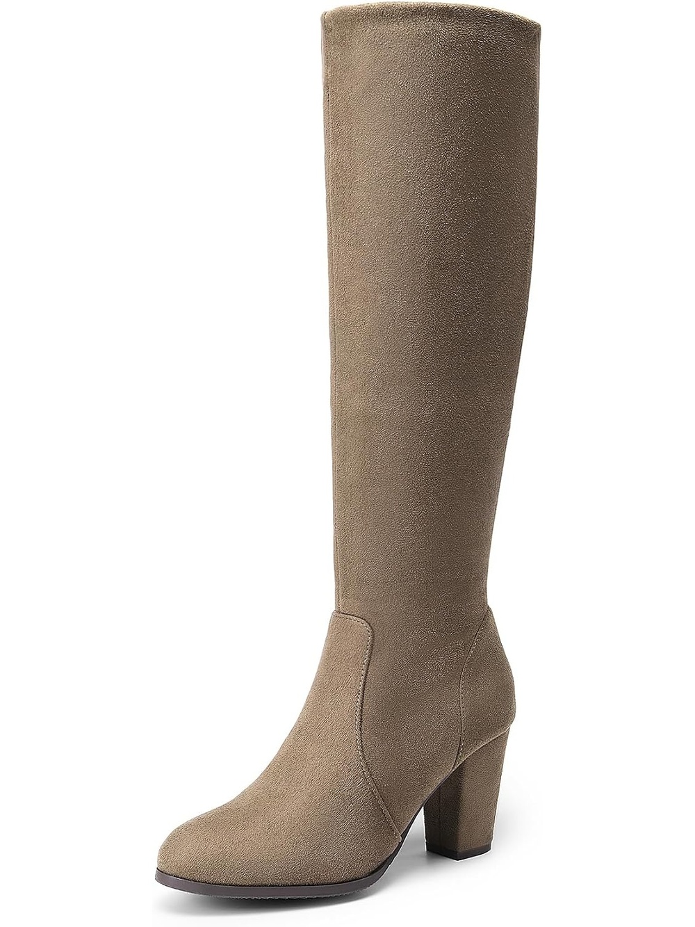 Women Khaki Suede Round Toe Chunky Heel Knee-high Winter Fall Tall Riding Boots